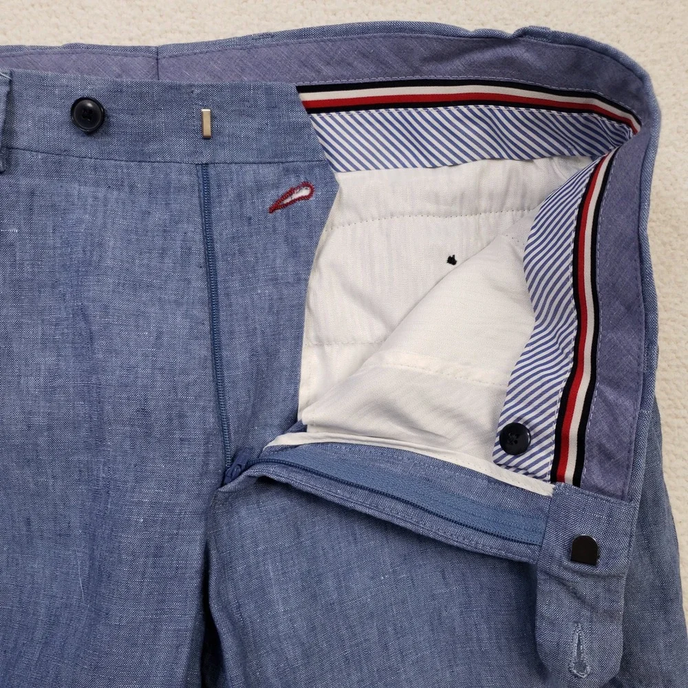 Tommy Hilfiger Dress Pants Men 32x32 Blue 100% Linen Flat Front Trousers Raw Hem
